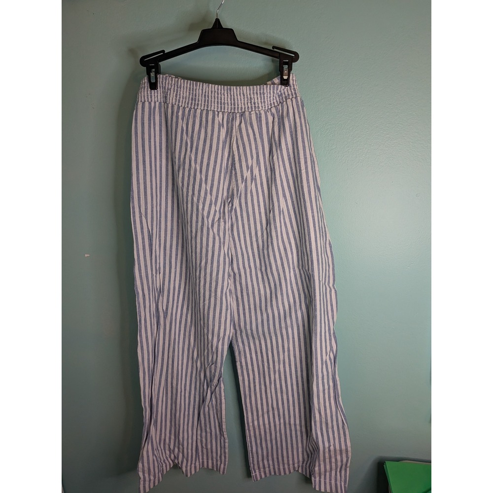 Beachlunchlounge Blue White Striped Linen Blend Wide Leg Pants Small Coastal